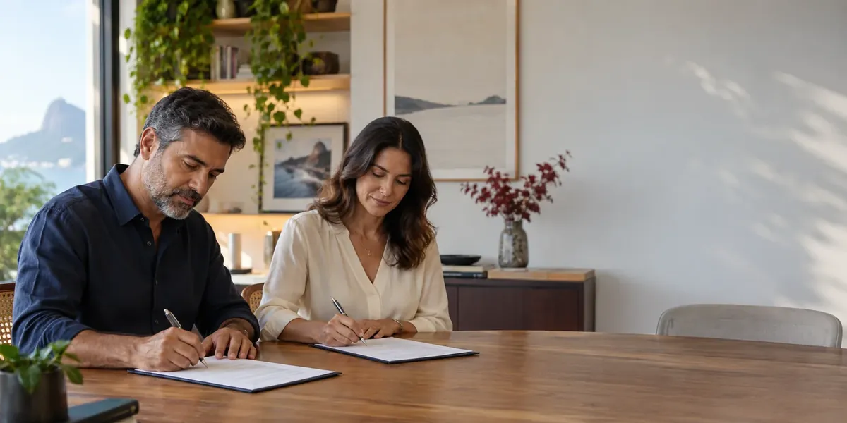 Casal assinando a escritura de divórcio em cartório