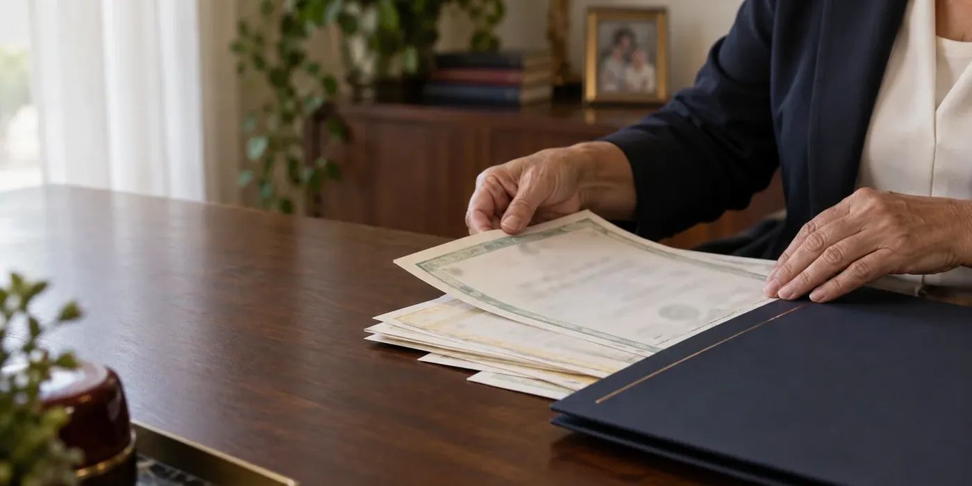 Mãos organizando certidões e documentos para o inventário