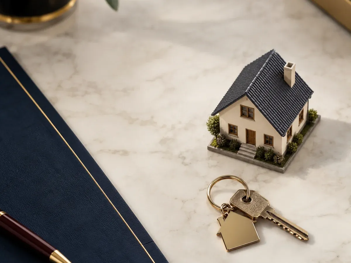 Miniatura de casa e chaves sobre a mesa, representando o imóvel na herança