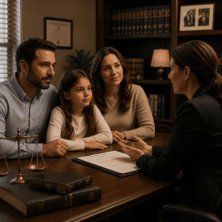 Família em atendimento jurídico para questões familiares, sucessórias e proteção patrimonial.