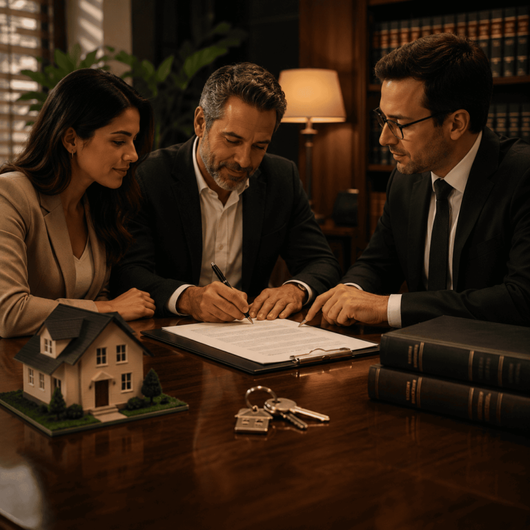 Advogado analisando contrato imobiliário com chaves e documentos de compra e venda de imóvel.